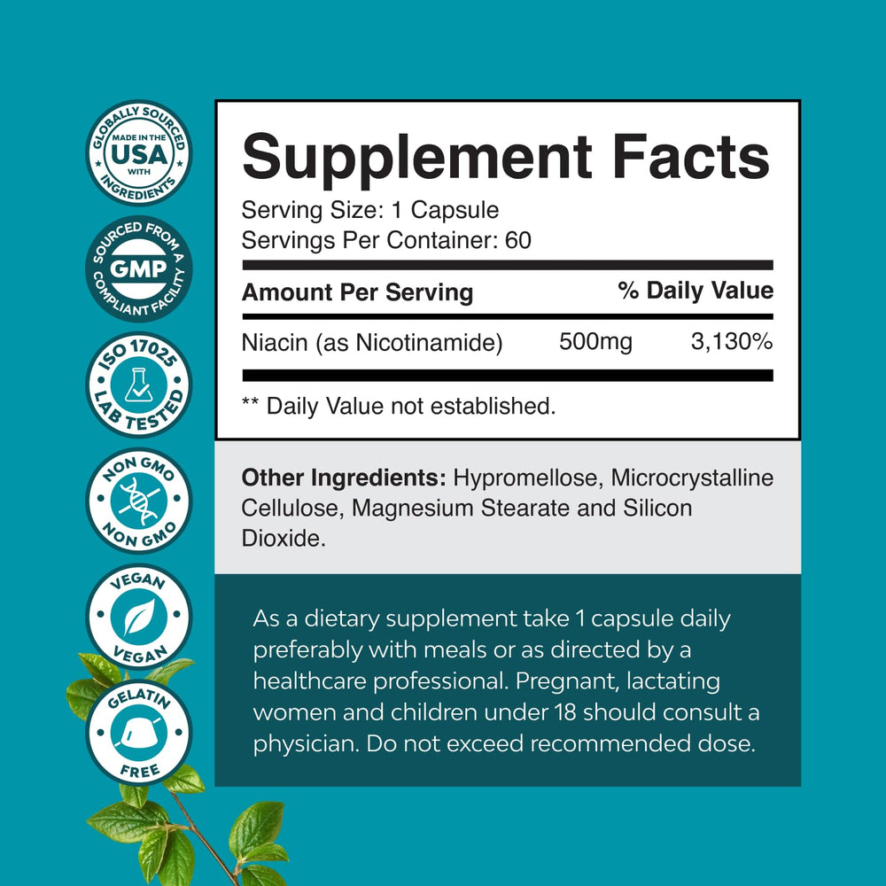Natures Craft Niacinamide 500mg capsules front label highlights flush-free formula.