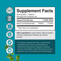 Natures Craft Niacinamide 500mg capsules front label highlights flush-free formula.