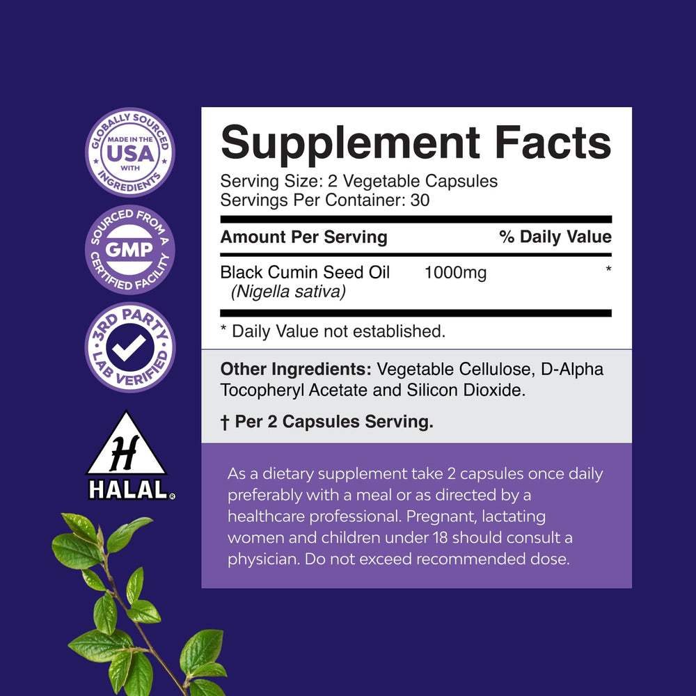 Natures Craft nigella sativa oil pills label highlighting omega 3 6 9 balance