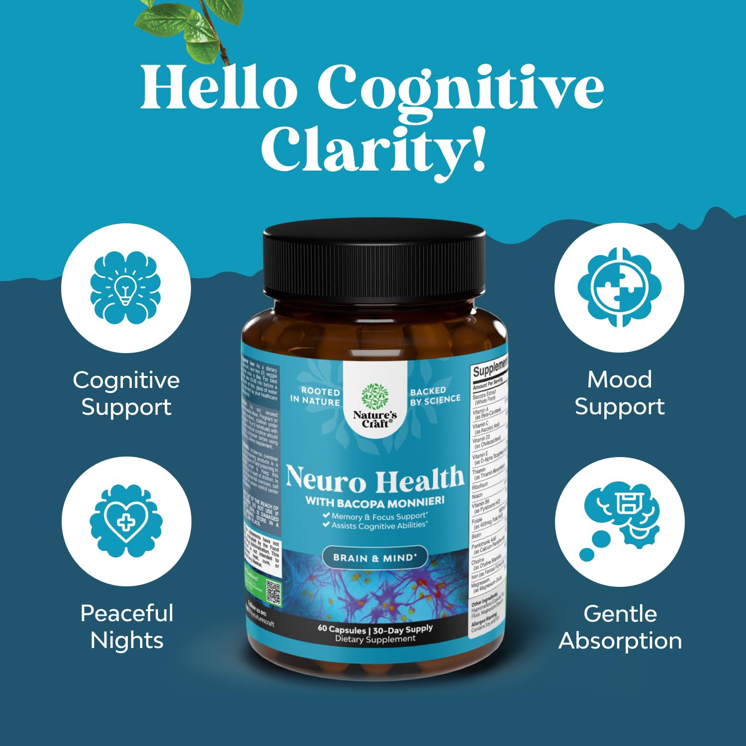 Natures Craft Nootropic ingredients label with Bacopa Monnieri and B vitamins for cognitive support