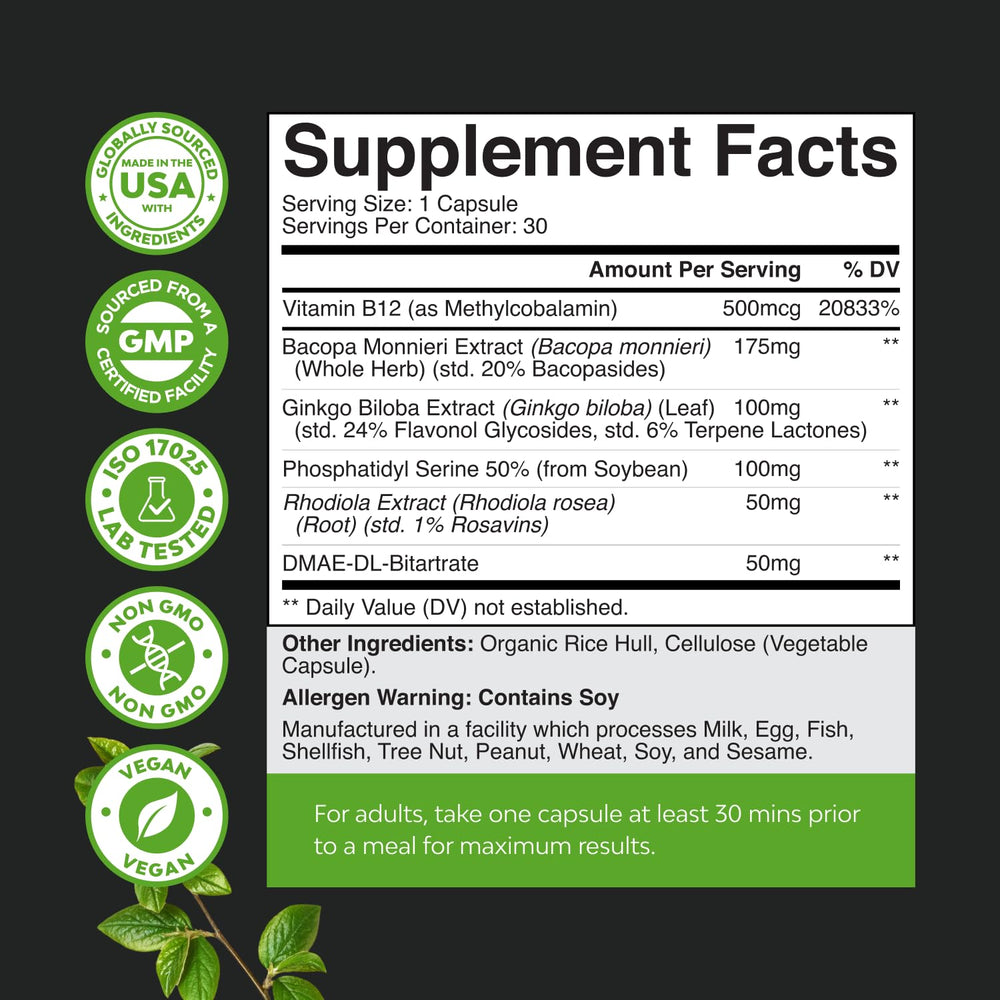 Natures Craft memory capsules closeup highlighting cognitive support ingredients.