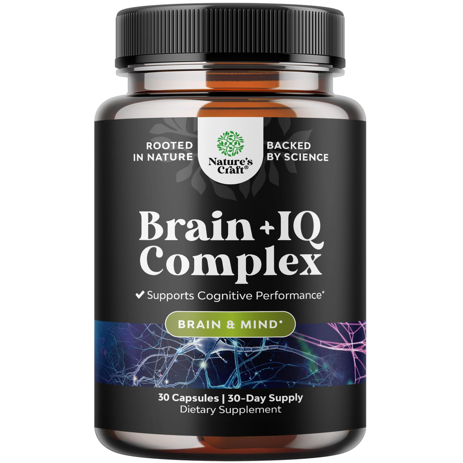 Natures Craft memory supplement bottle with capsules suggesting focused mental energy.