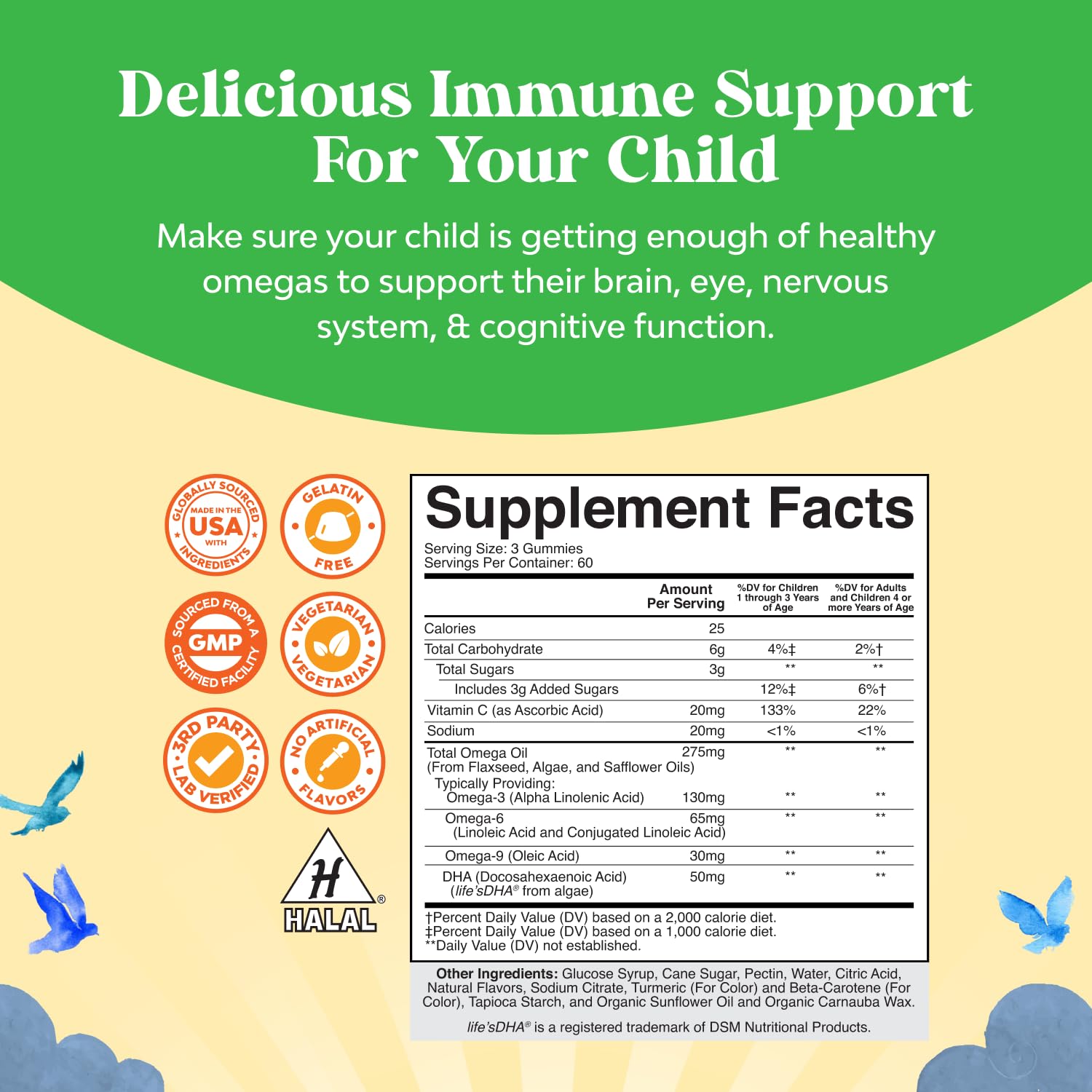 Natures Craft Omega DHA Gummies for Kids bottle back highlights nutrition facts and ingredients.