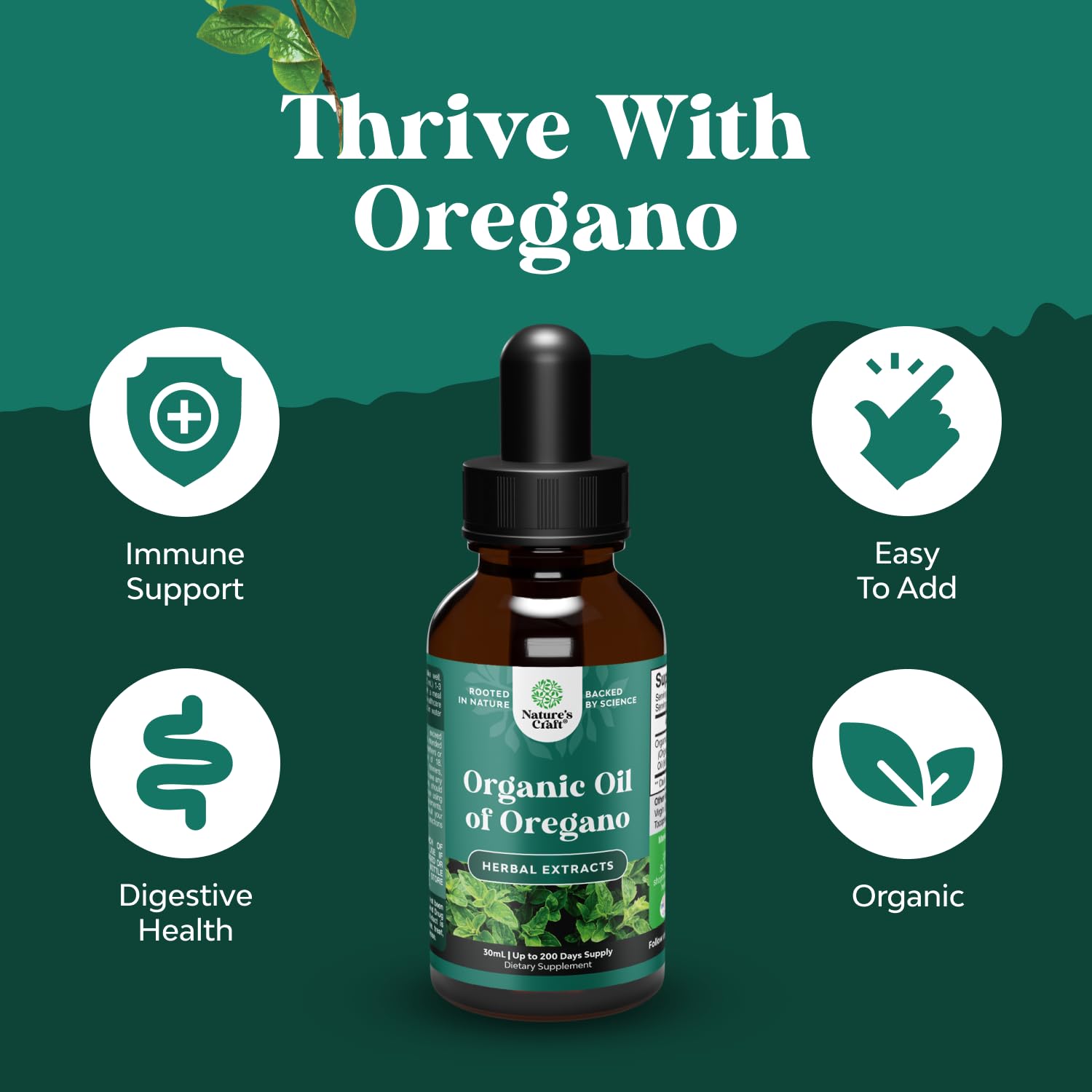 Natures Craft Organic Oregano Oil Drops GMP-tested seal indicates safety and potency.