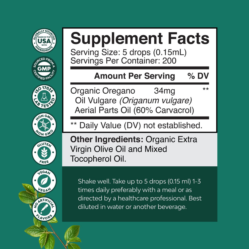 Natures Craft Organic Oregano Oil Drops being poured for easy daily dosing.