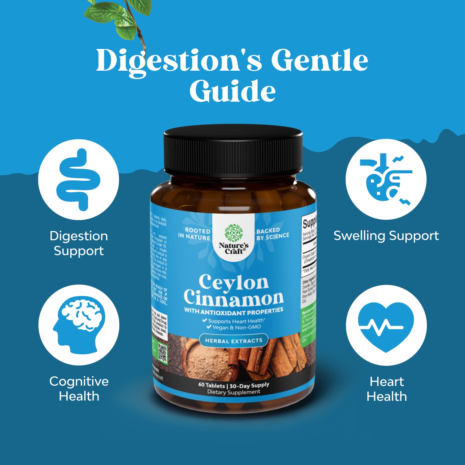 Natures Craft Cinnamon tablets pouring capsules for easy daily routine and digestion support
