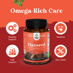 Organic cold-pressed flaxseed oil label by Natures Craft highlighting plant-based omega 3 6 9