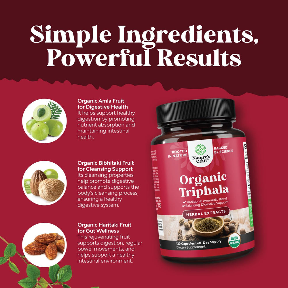 Natures Craft Organic label Triphala bottle conveys non-GMO and organic quality