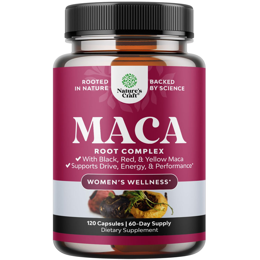 Natures Craft organic maca root capsules for women in bottle, supporting daily energy balance.
