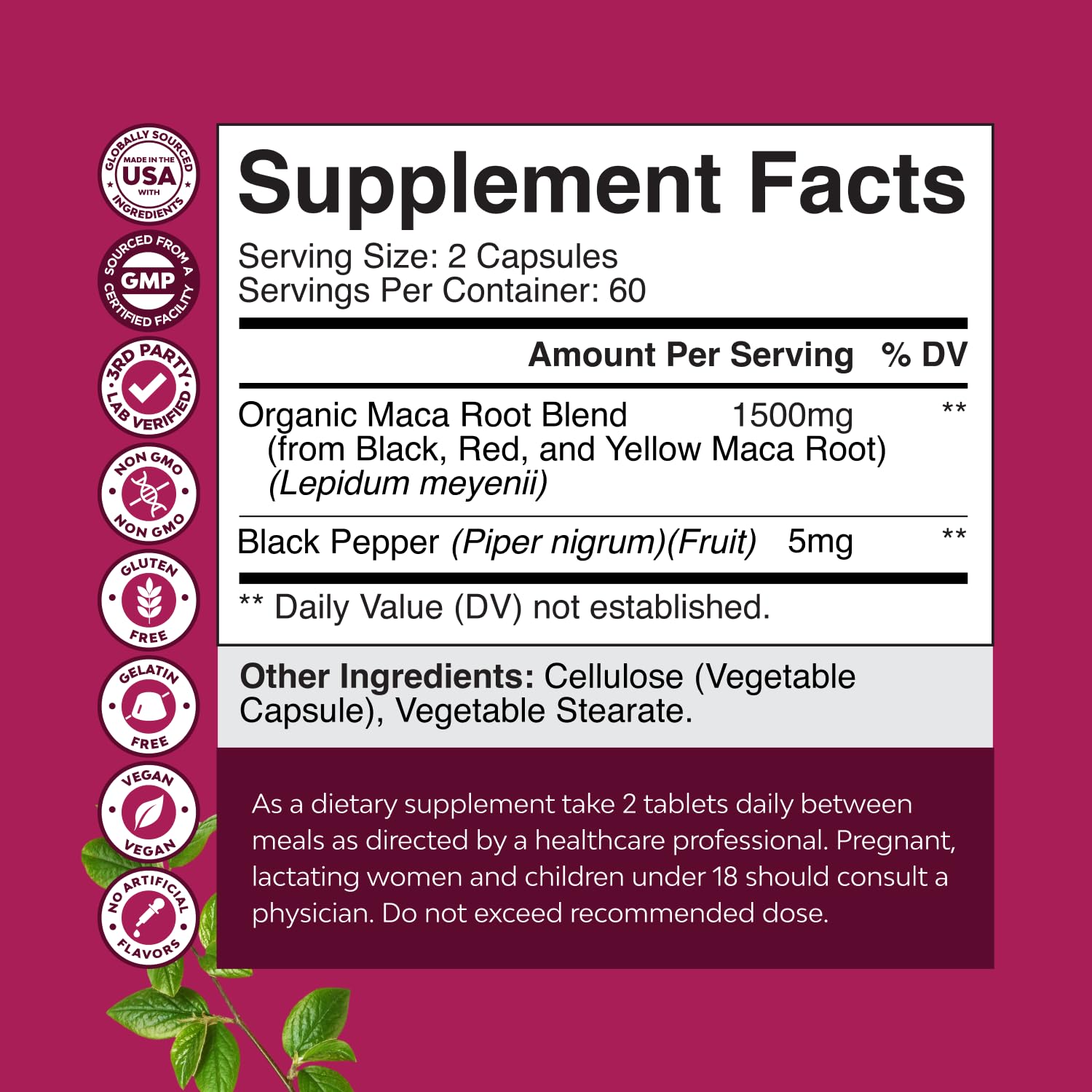 Natures Craft maca root capsules closeup of tablets, suggesting mood and energy support.