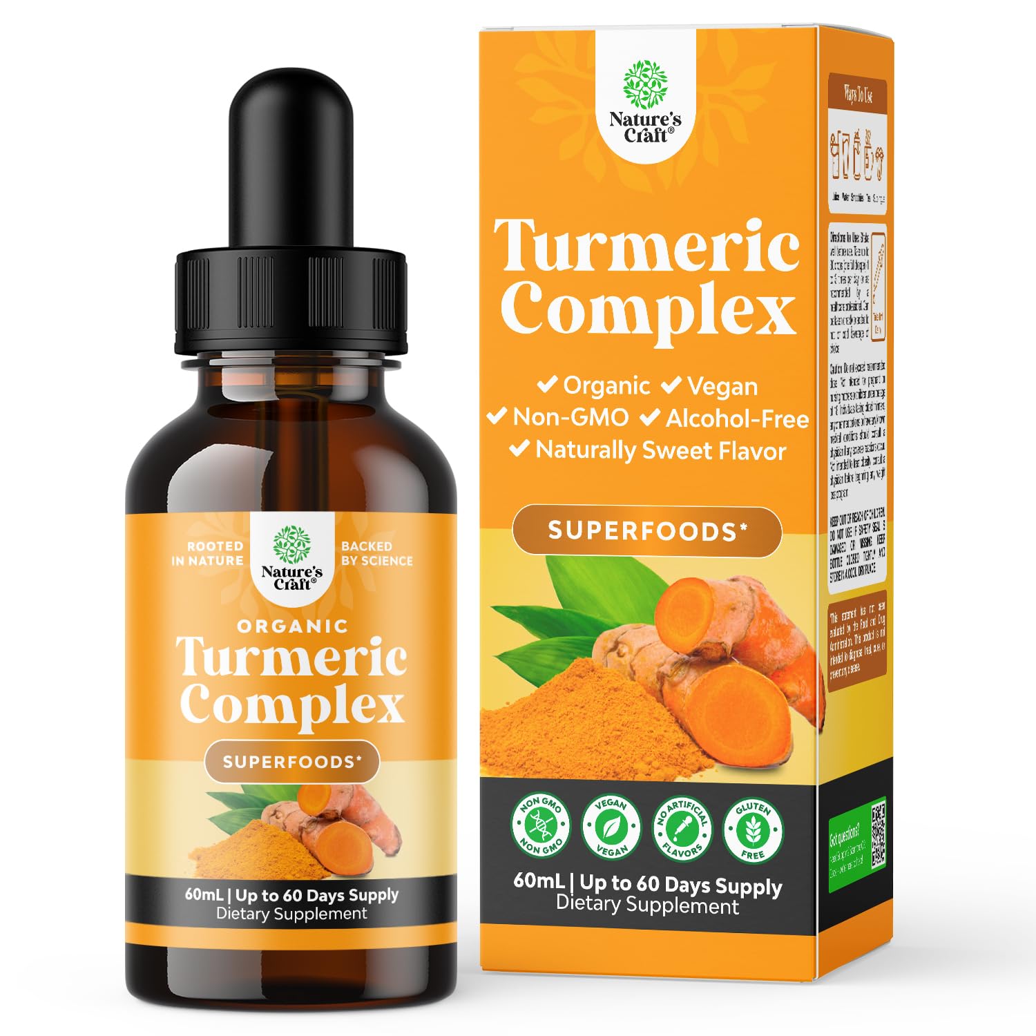 Nature's Craft Organic Turmeric Drops bottle with golden liquid for daily wellness.