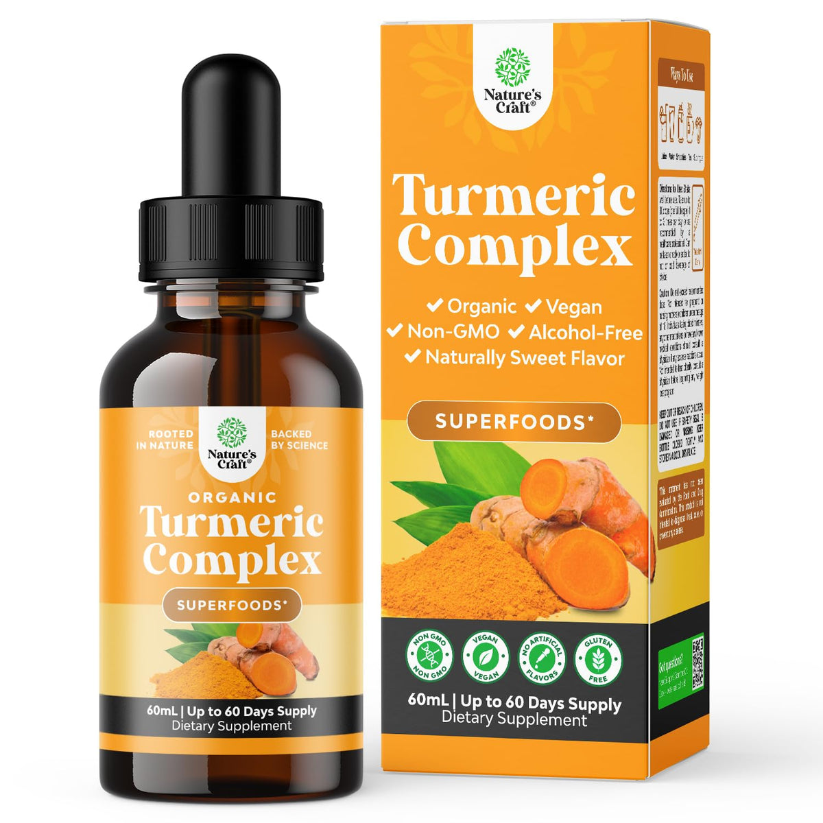 Nature's Craft Organic Turmeric Drops bottle with golden liquid for daily wellness.