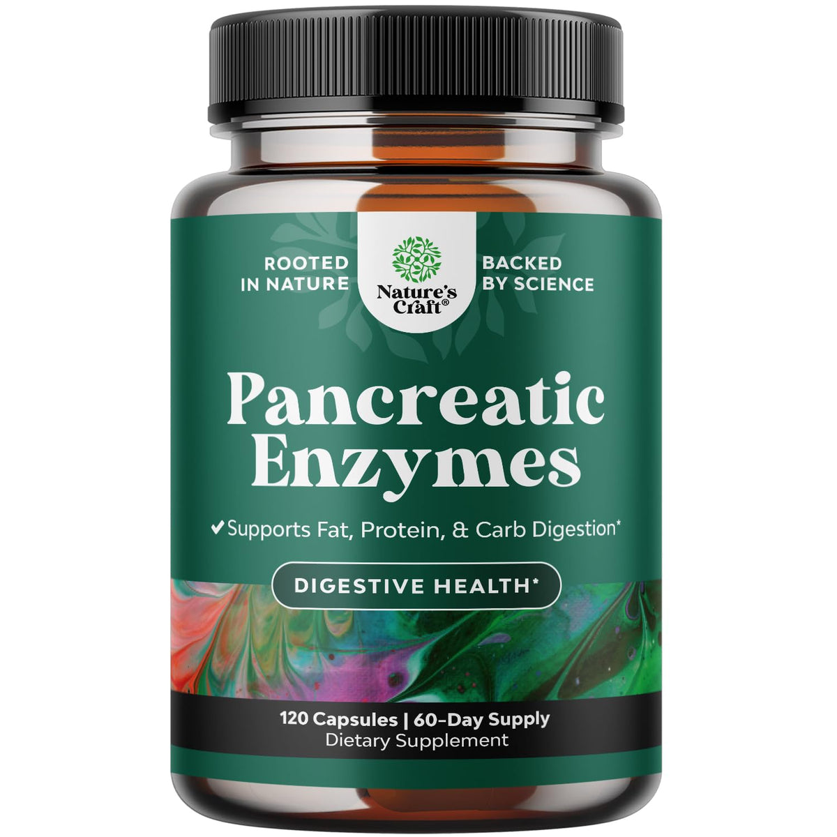 Natures Craft pancreatin bottle label highlighting digestion support