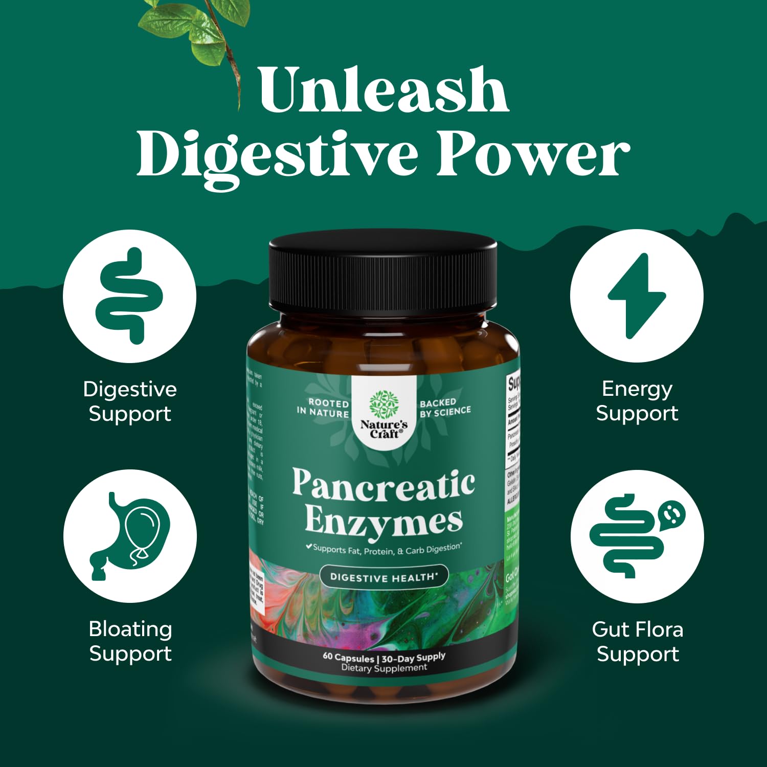 Natures Craft Pancreatin label close-up noting amylase, lipase, and protease ingredients