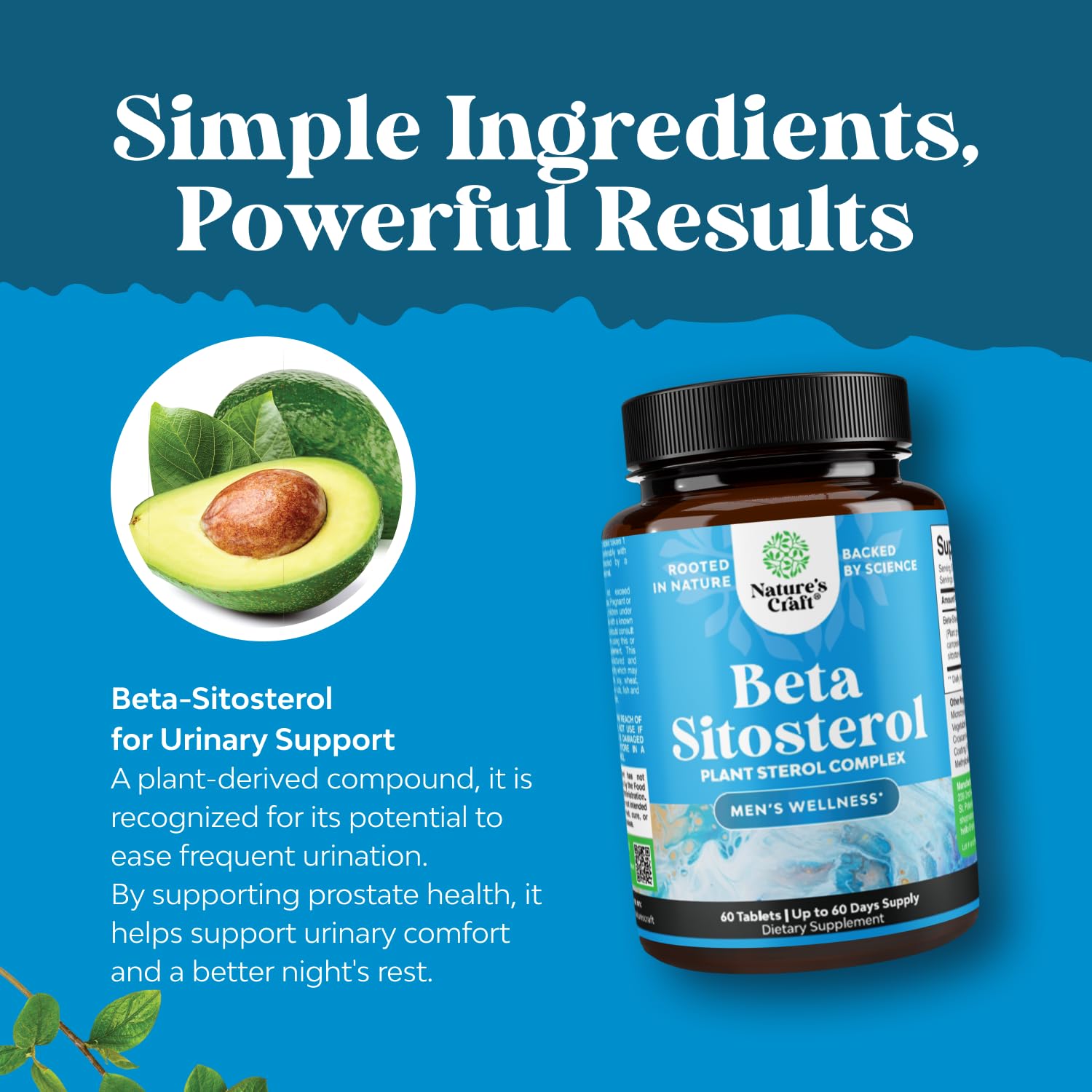 Natures Craft Plant Sterols Complex ingredient panel emphasizing non-GMO and cruelty-free