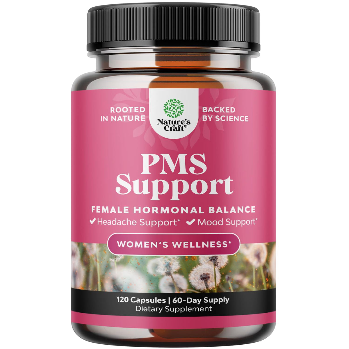 Natures Craft PMS Support bottle front, signaling a holistic period comfort option