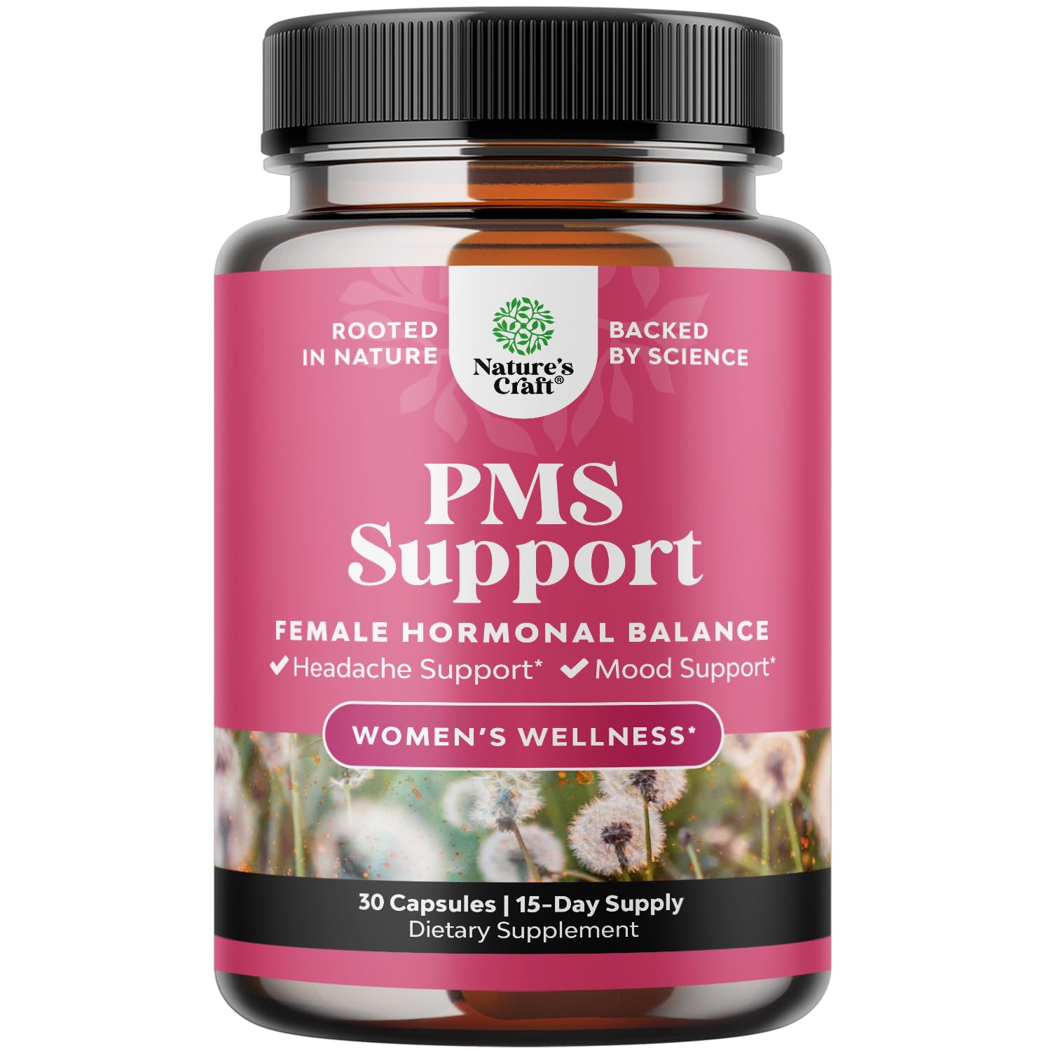 Natures Craft PMS Support bottle view showing daily capsule ritual for balance