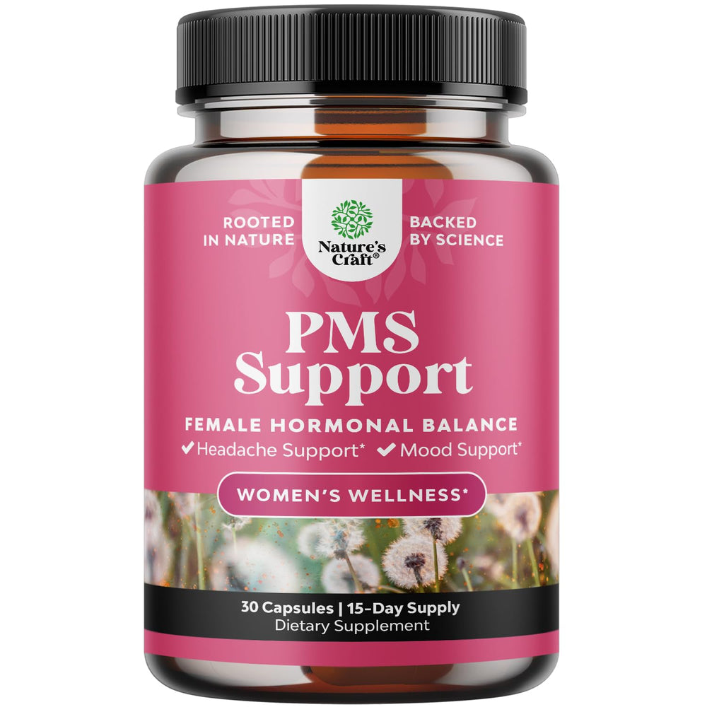Natures Craft PMS Support bottle view showing daily capsule ritual for balance