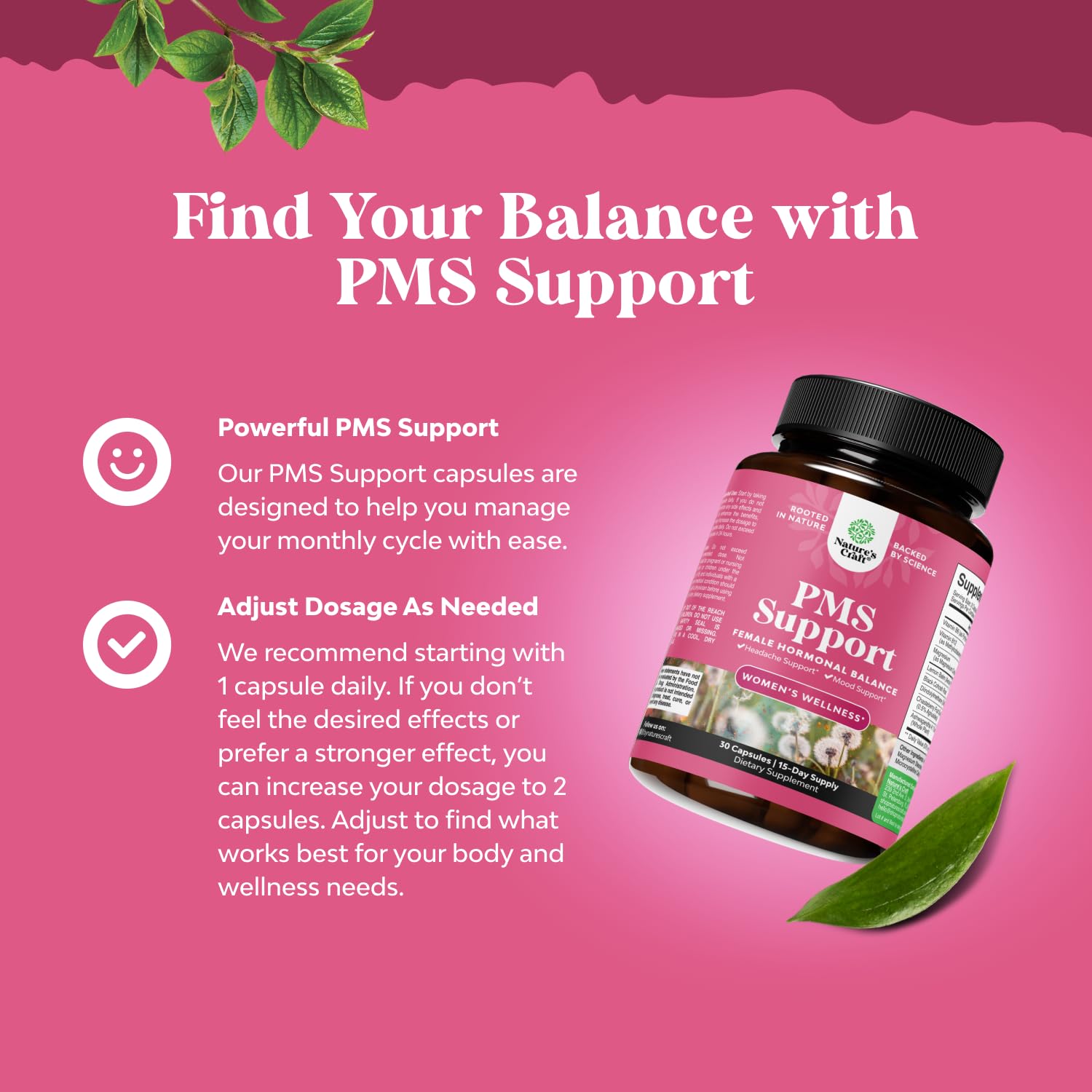 Natures Craft PMS Support label detail displaying ingredients and GMO-free formulation