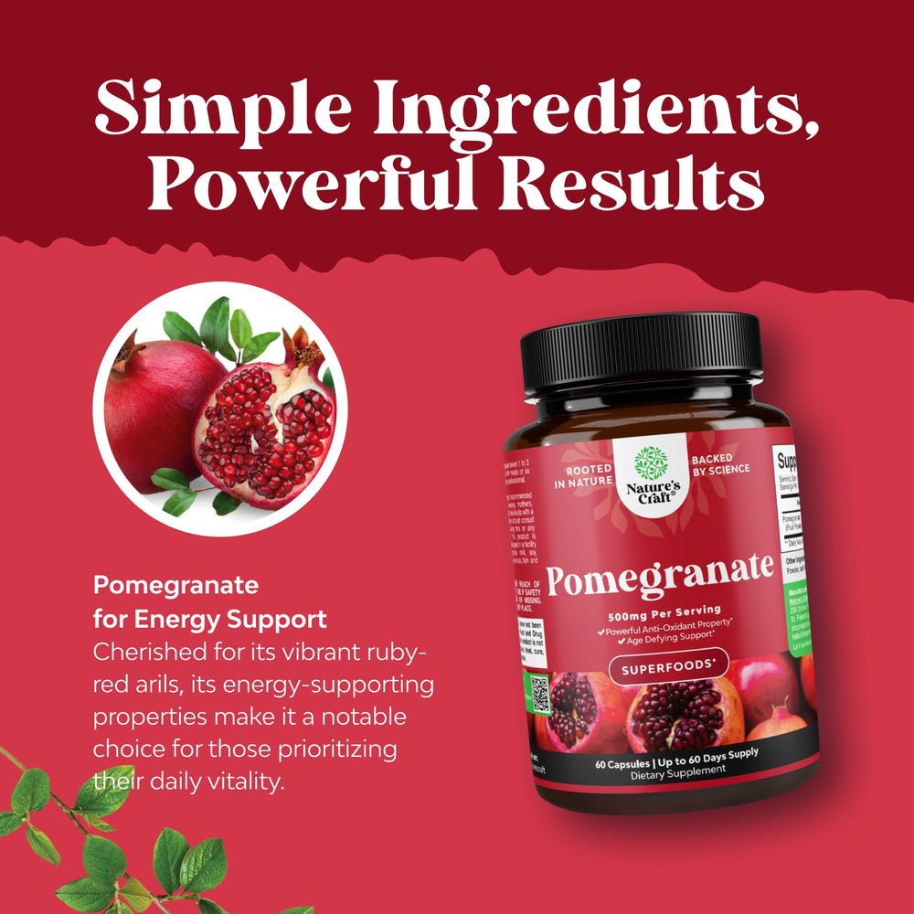 Natures Craft Pomegranate fruit visual: showcases real fruit source for polyphenols.