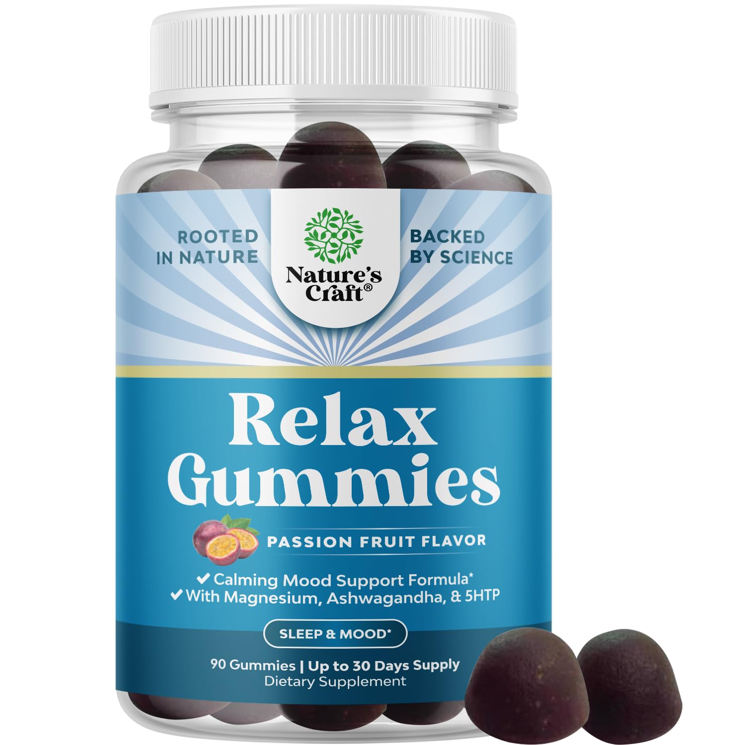 Natures Craft Pure Calm magnesium gummies bottle for stress support and relaxation.
