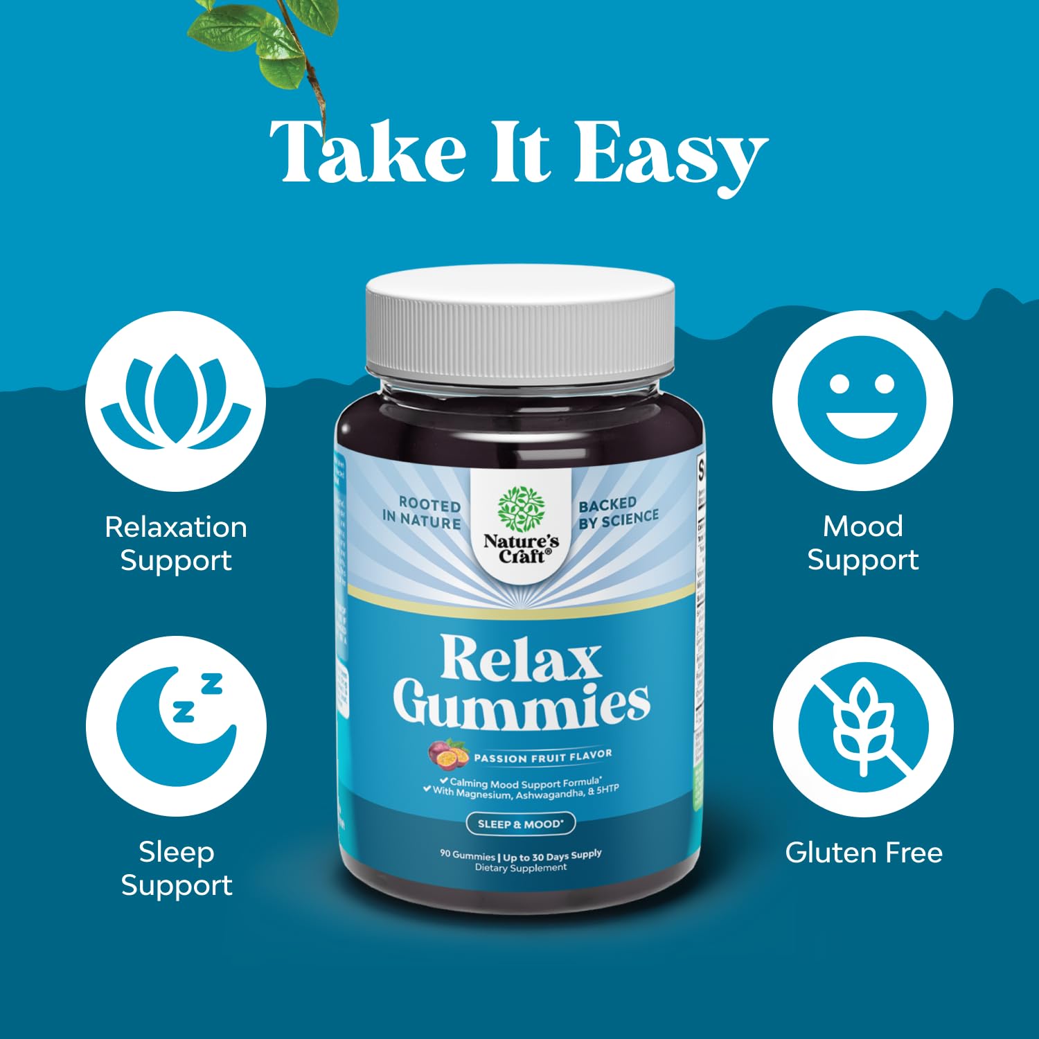 Natures Craft Pure Calm gummies in dispensing bottle on counter.