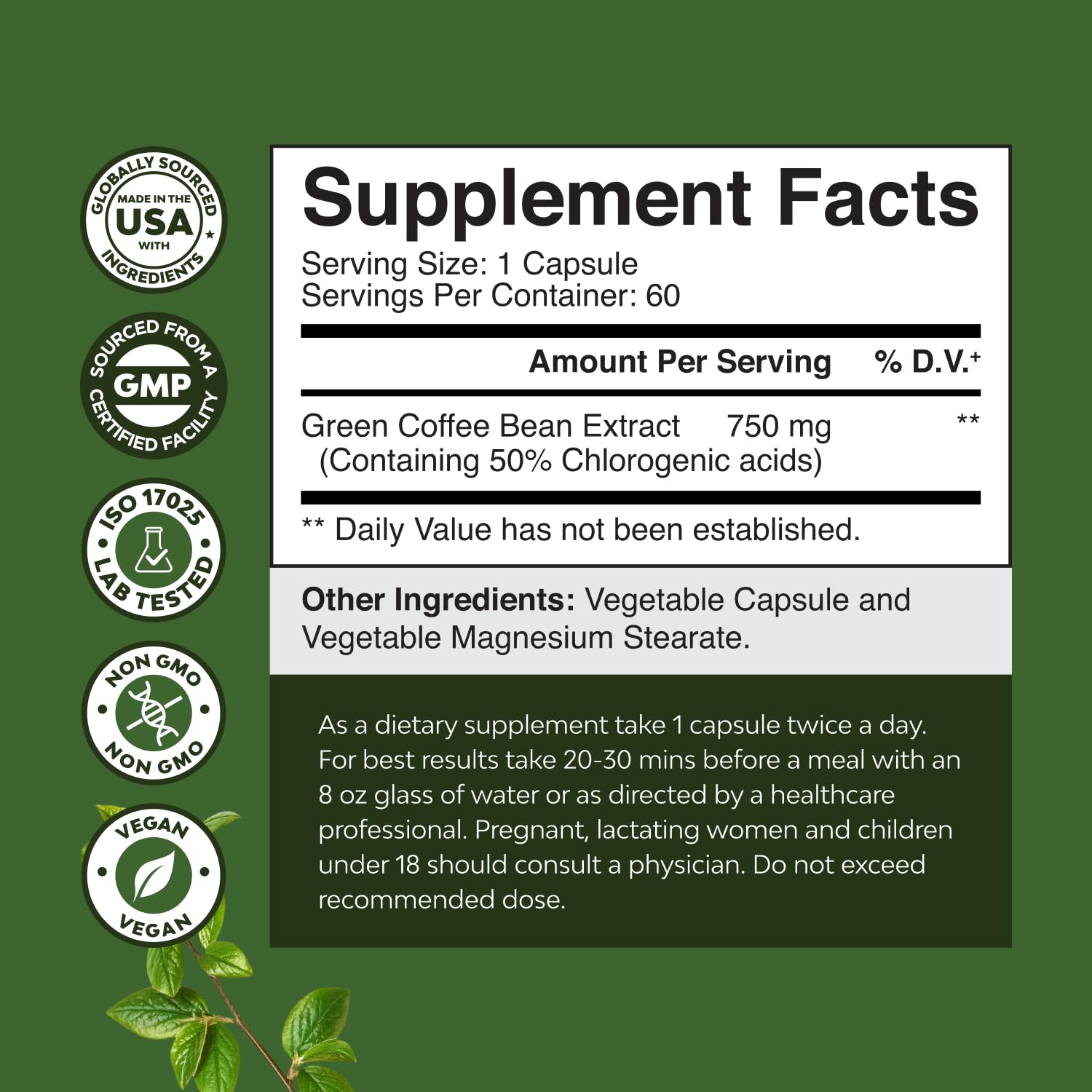 Natures Craft Pure Green Coffee Bean Extract bottle label close-up, highlighting chlorogenic acid benefits.