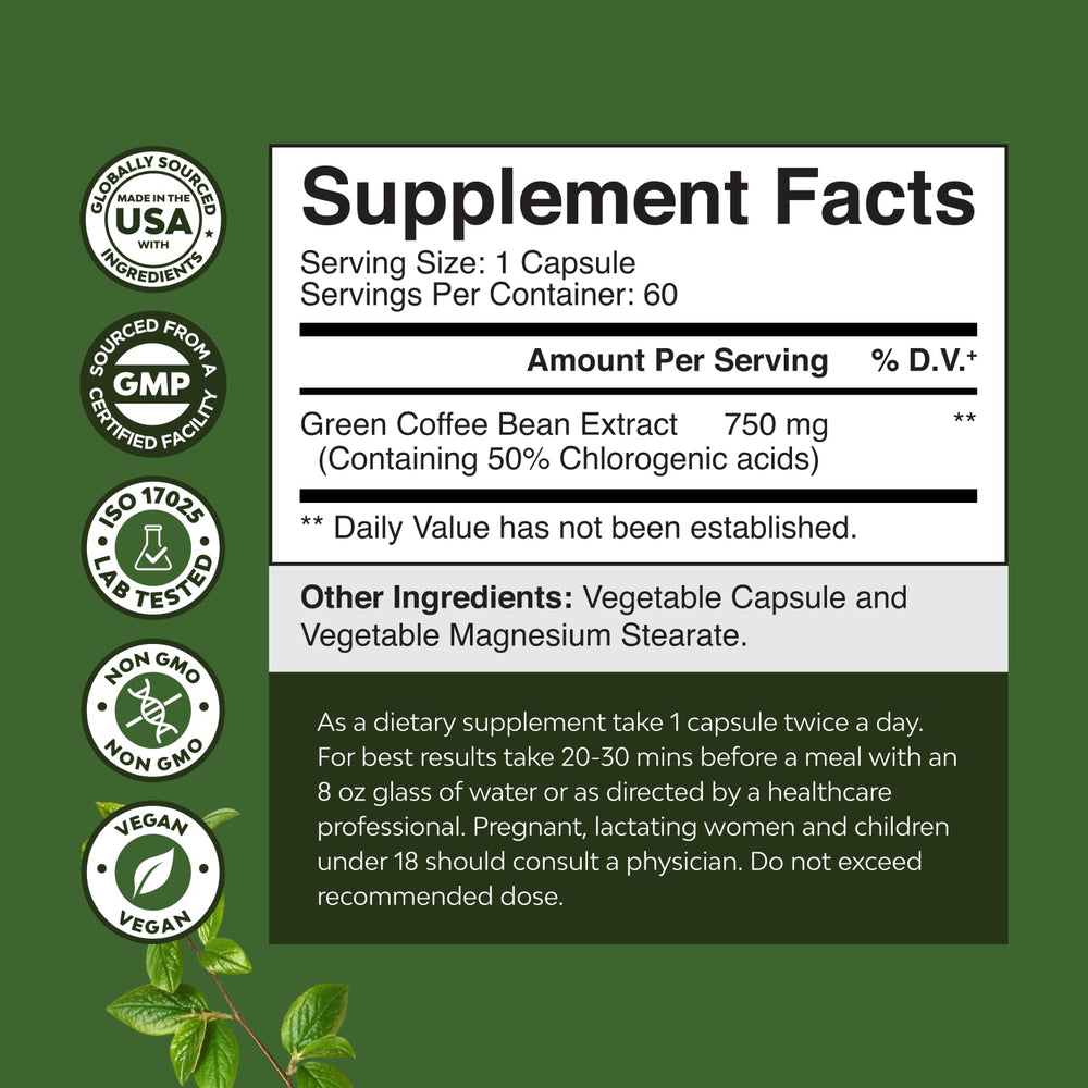 Natures Craft Pure Green Coffee Bean Extract bottle label close-up, highlighting chlorogenic acid benefits.