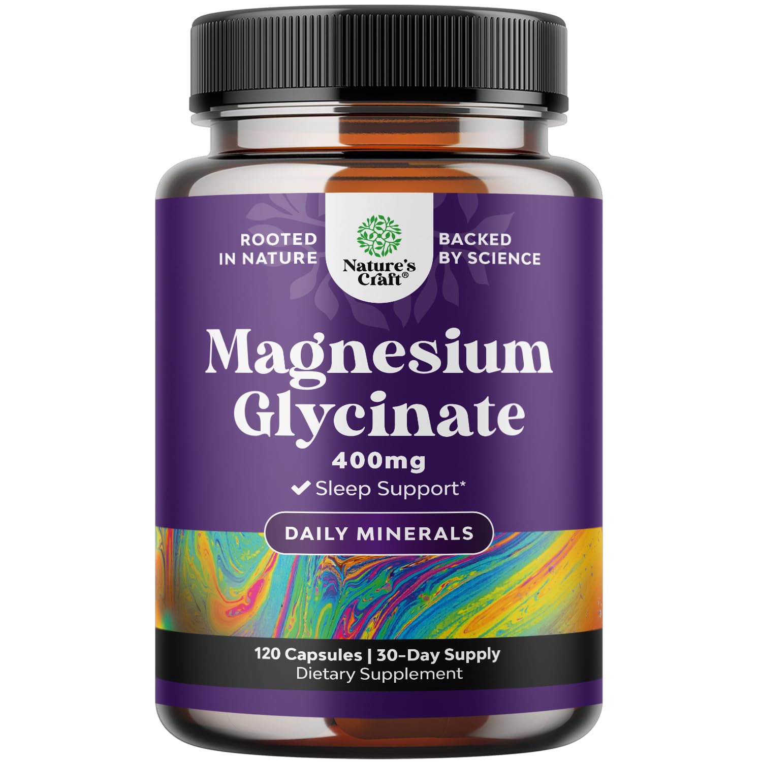 Natures Craft Pure Magnesium Glycinate 400mg bottle front promotes calm and restful sleep