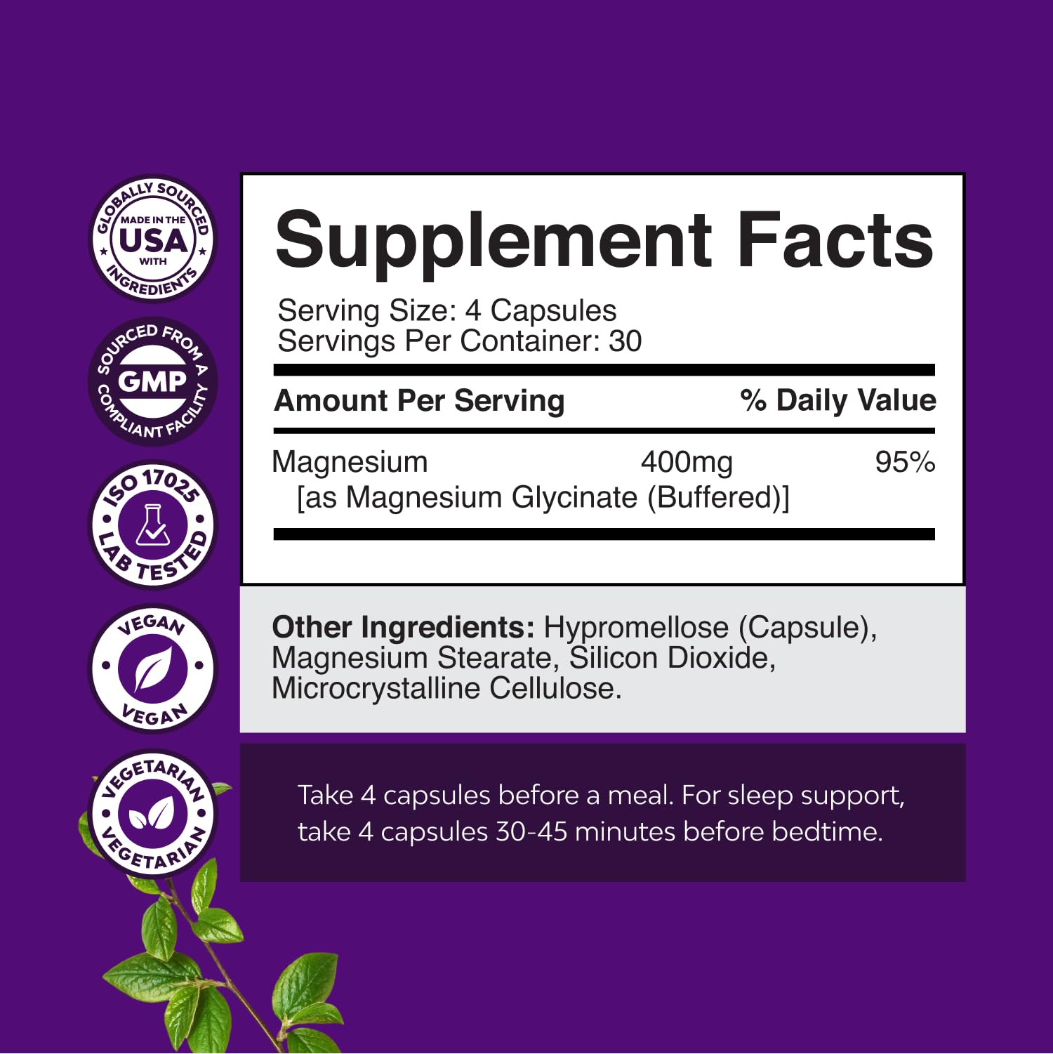 Natures Craft Pure Magnesium Glycinate 400mg bottle side shows compact vegan packaging