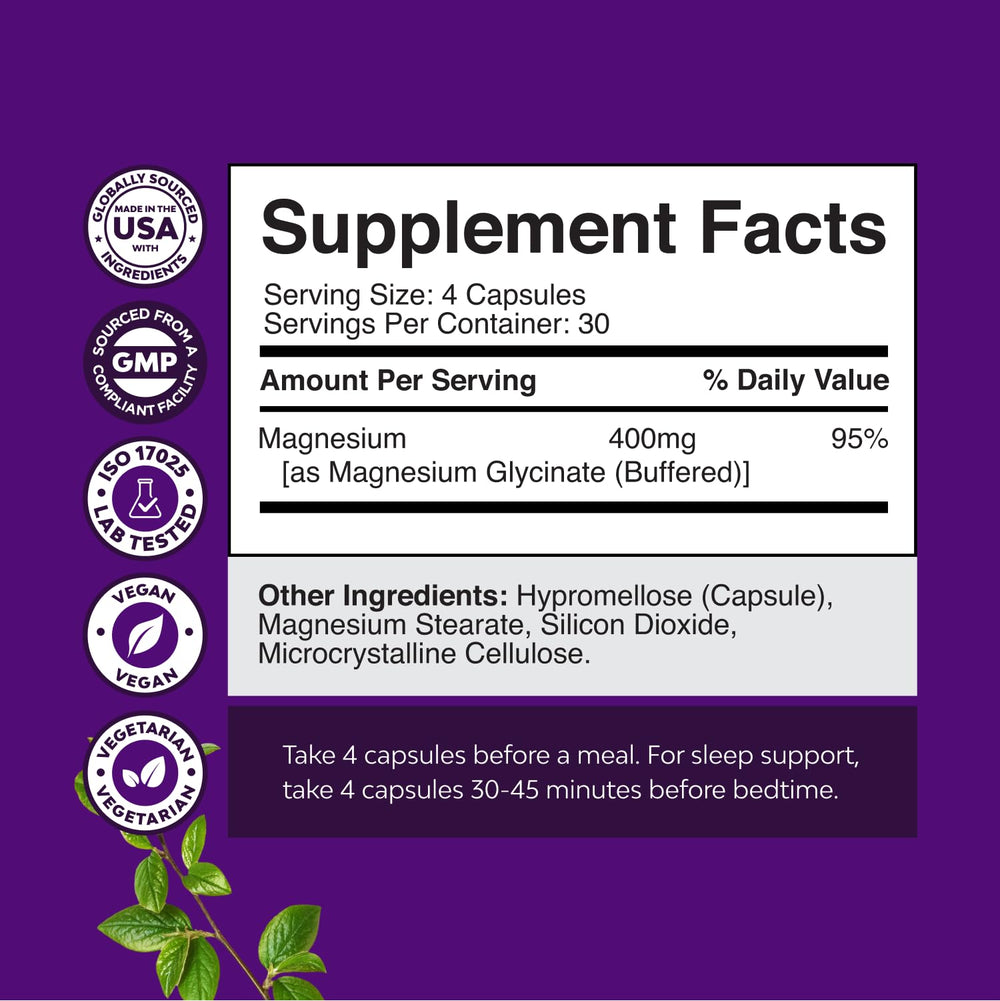 Natures Craft Pure Magnesium Glycinate 400mg bottle side shows compact vegan packaging