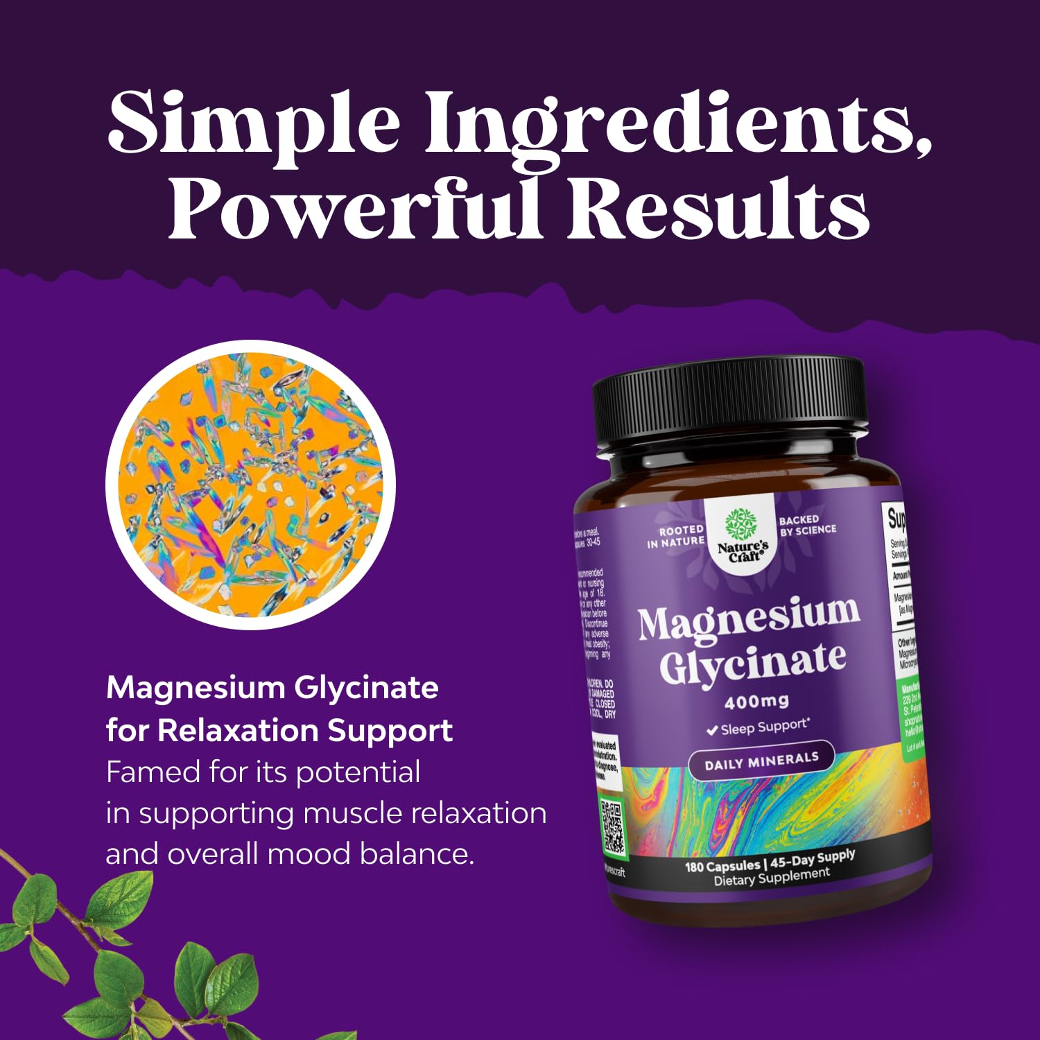 Natures Craft Pure Magnesium Glycinate 400mg vegan symbol signals plant-based option