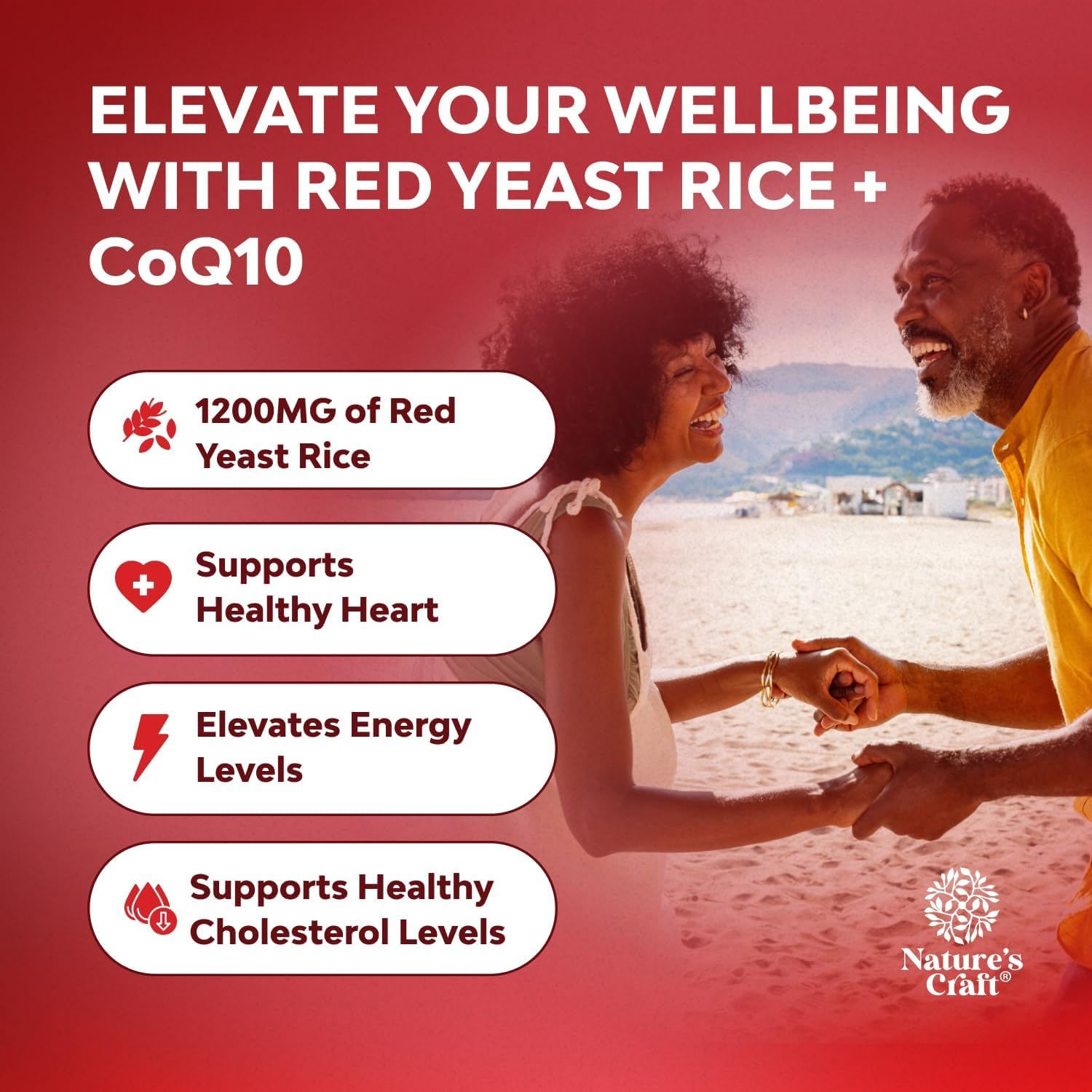 Nature's Craft Red Yeast Rice with CoQ10 capsules beside a glass of water