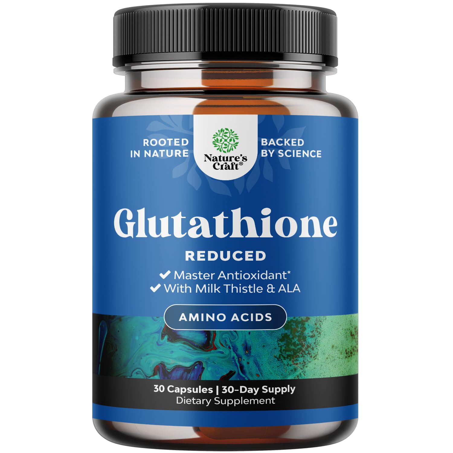 Natures Craft Reduced Glutathione capsule closeup for potential clearer skin.