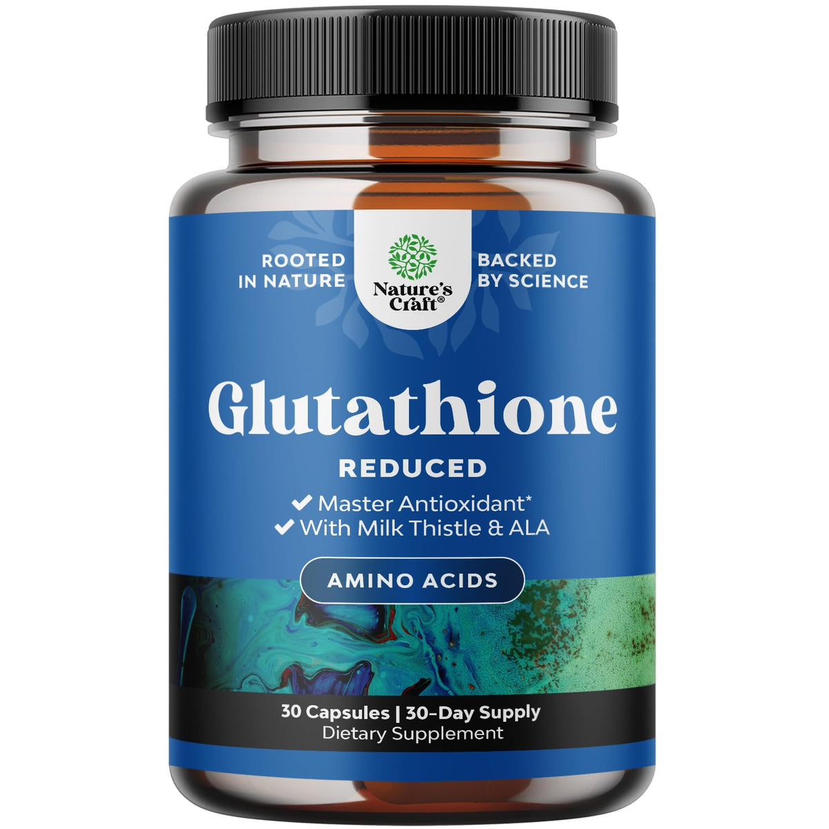 Natures Craft Reduced Glutathione capsule closeup for potential clearer skin.