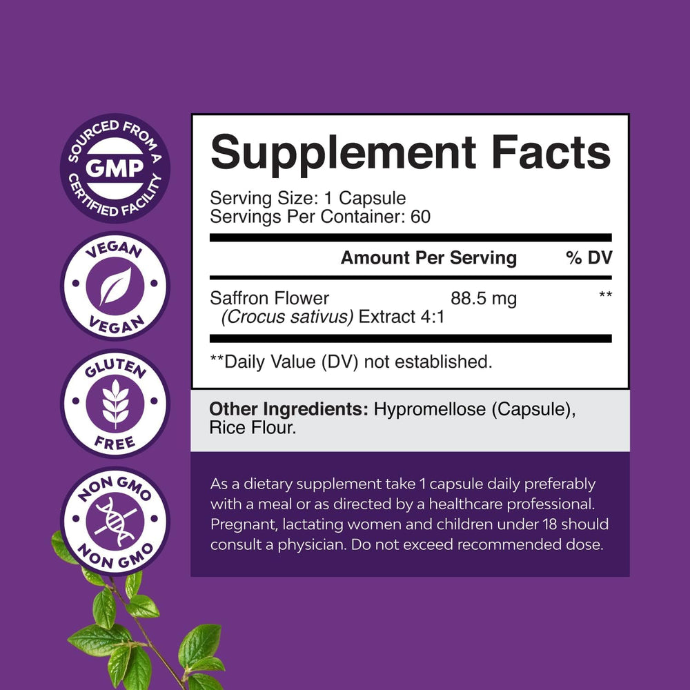 Nature's Craft saffron capsules closeup emphasizes potent saffron compounds for calm focus.