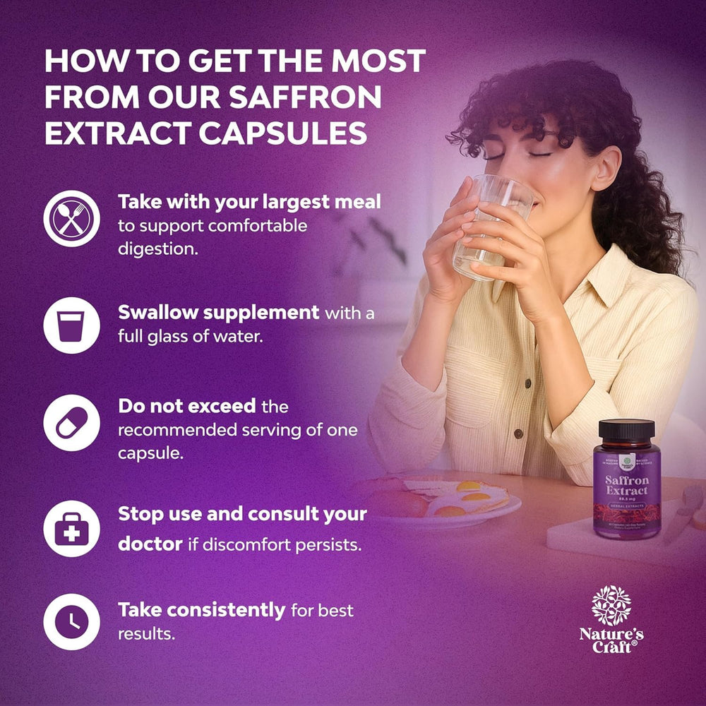 Nature's Craft saffron label and packaging highlights vegan, non-GMO quality ingredients.