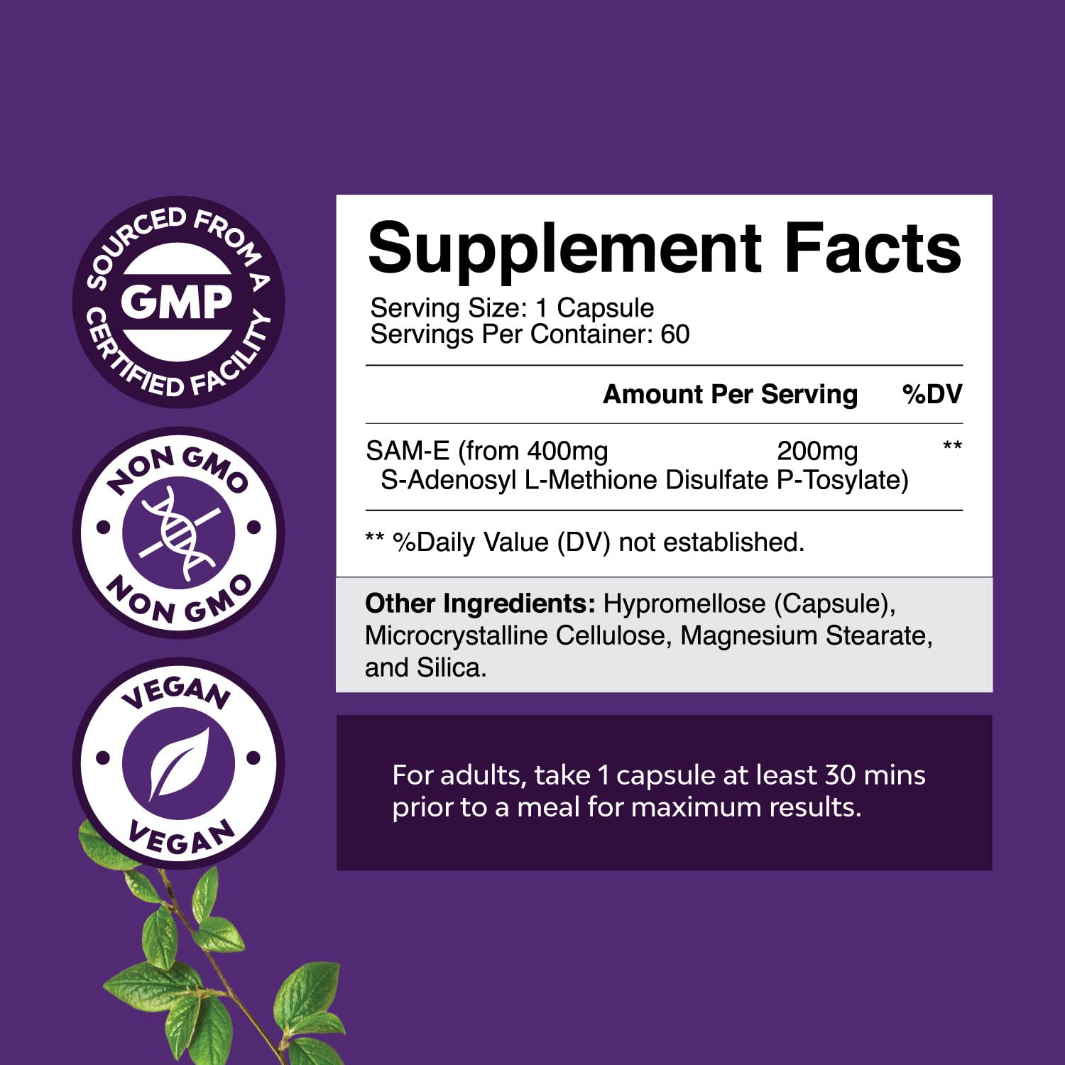 Natures Craft Sam-E 200mg capsules close-up highlighting vegan formula for daily support.