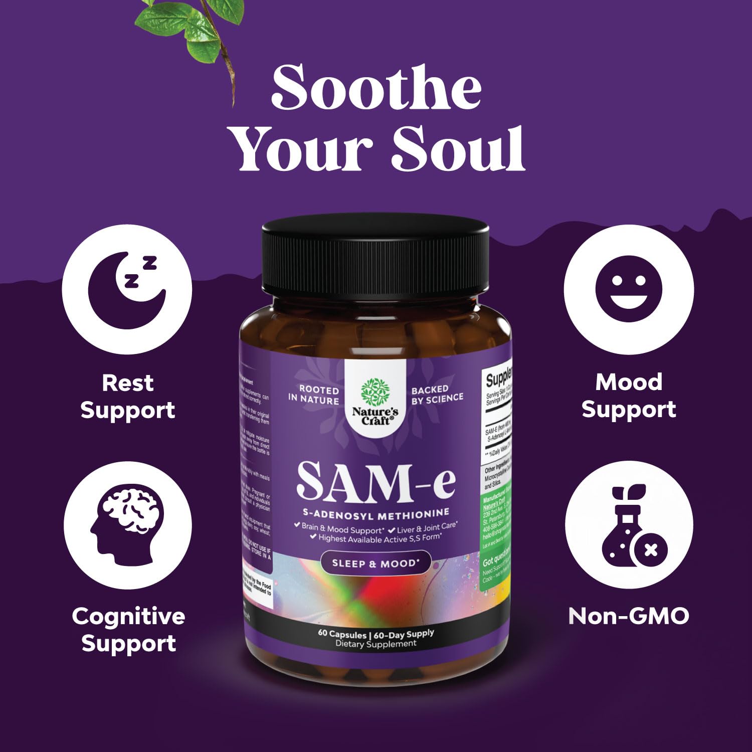 Natures Craft Sam-E 200mg label close-up showing dosage for mood support.