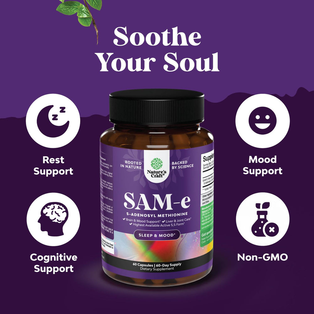 Natures Craft Sam-E 200mg label close-up showing dosage for mood support.