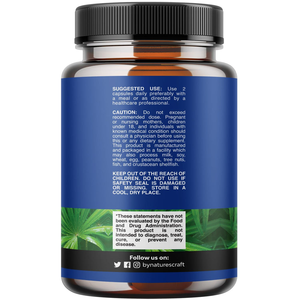 Natures Craft Saw Palmetto capsules shown for hair health and wellness.