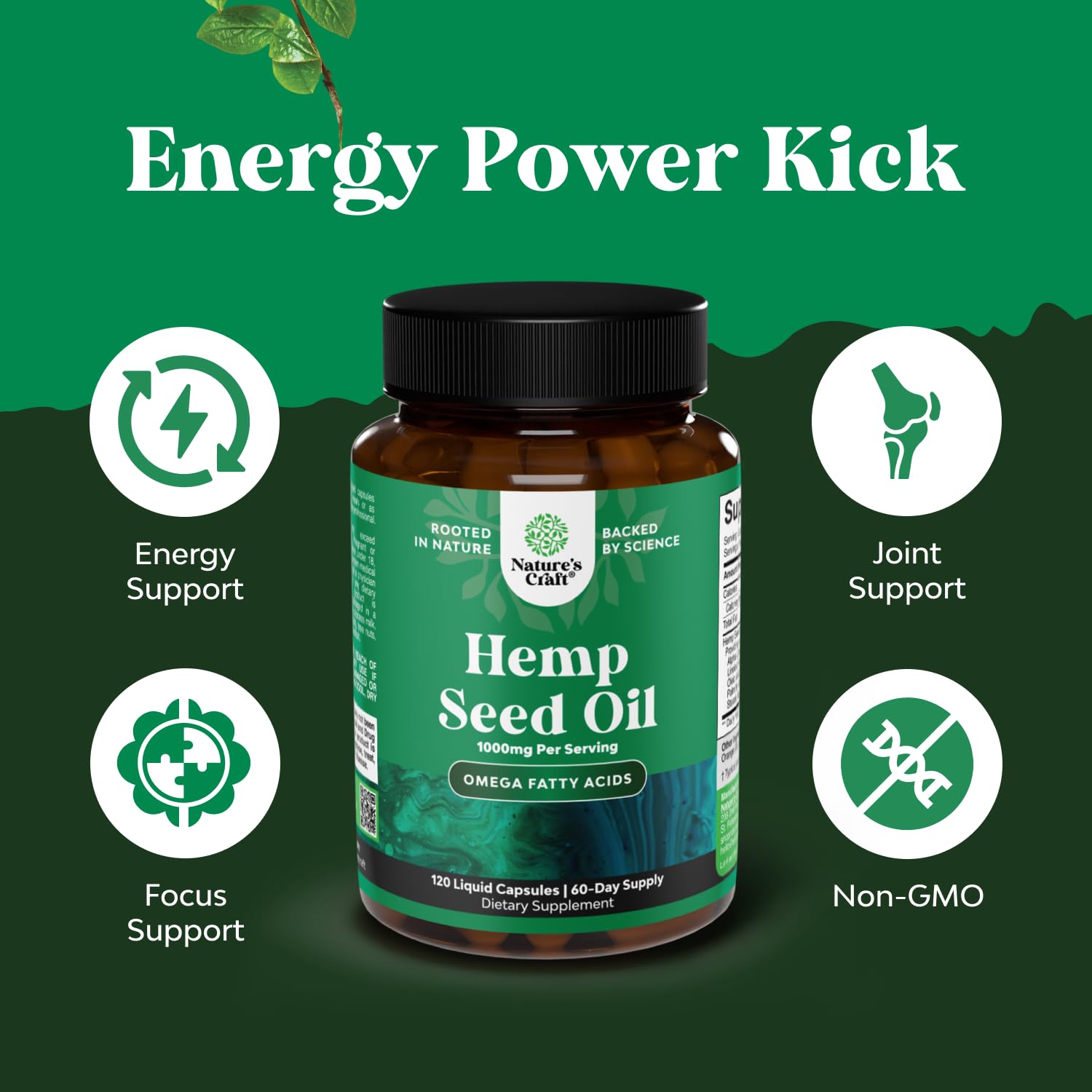 Natures Craft hemp oil capsules close-up highlighting clear label and swallow-friendly design.