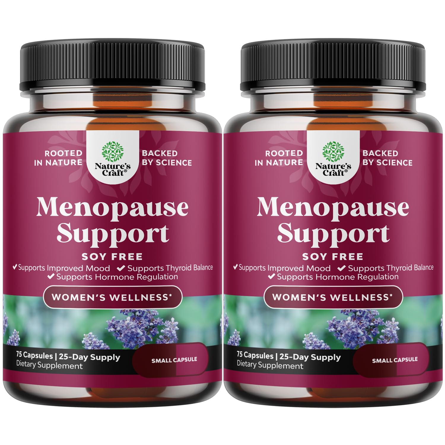 Natures Craft soy-free menopause mini caps bottle ready for daily use.