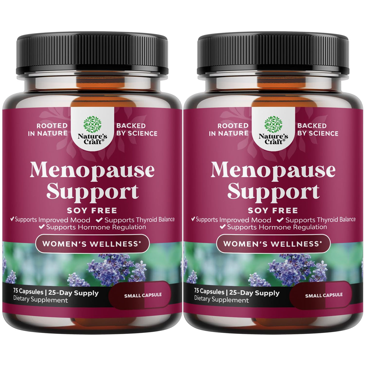 Natures Craft soy-free menopause mini caps bottle ready for daily use.
