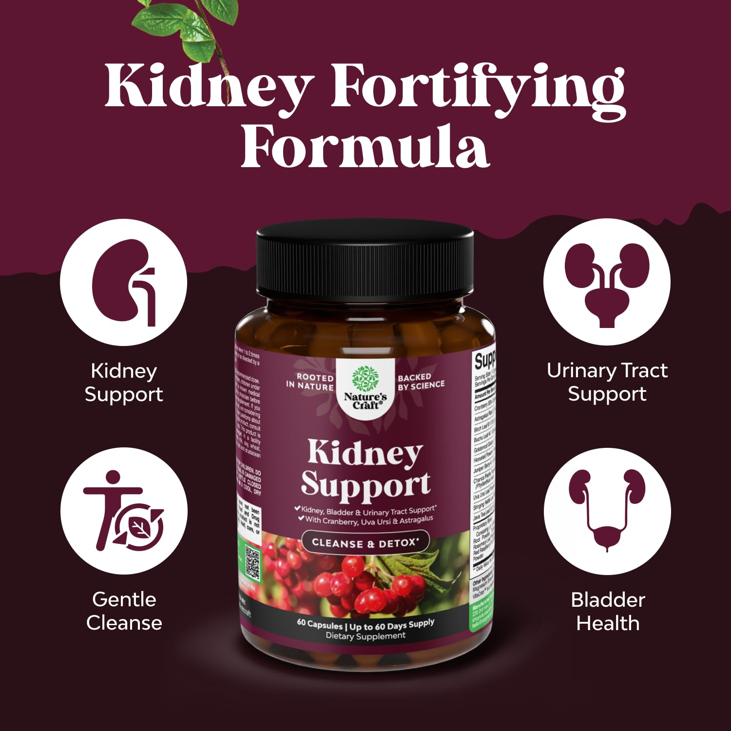 Natures Craft stinging nettle capsules highlighting bladder comfort and detox support.