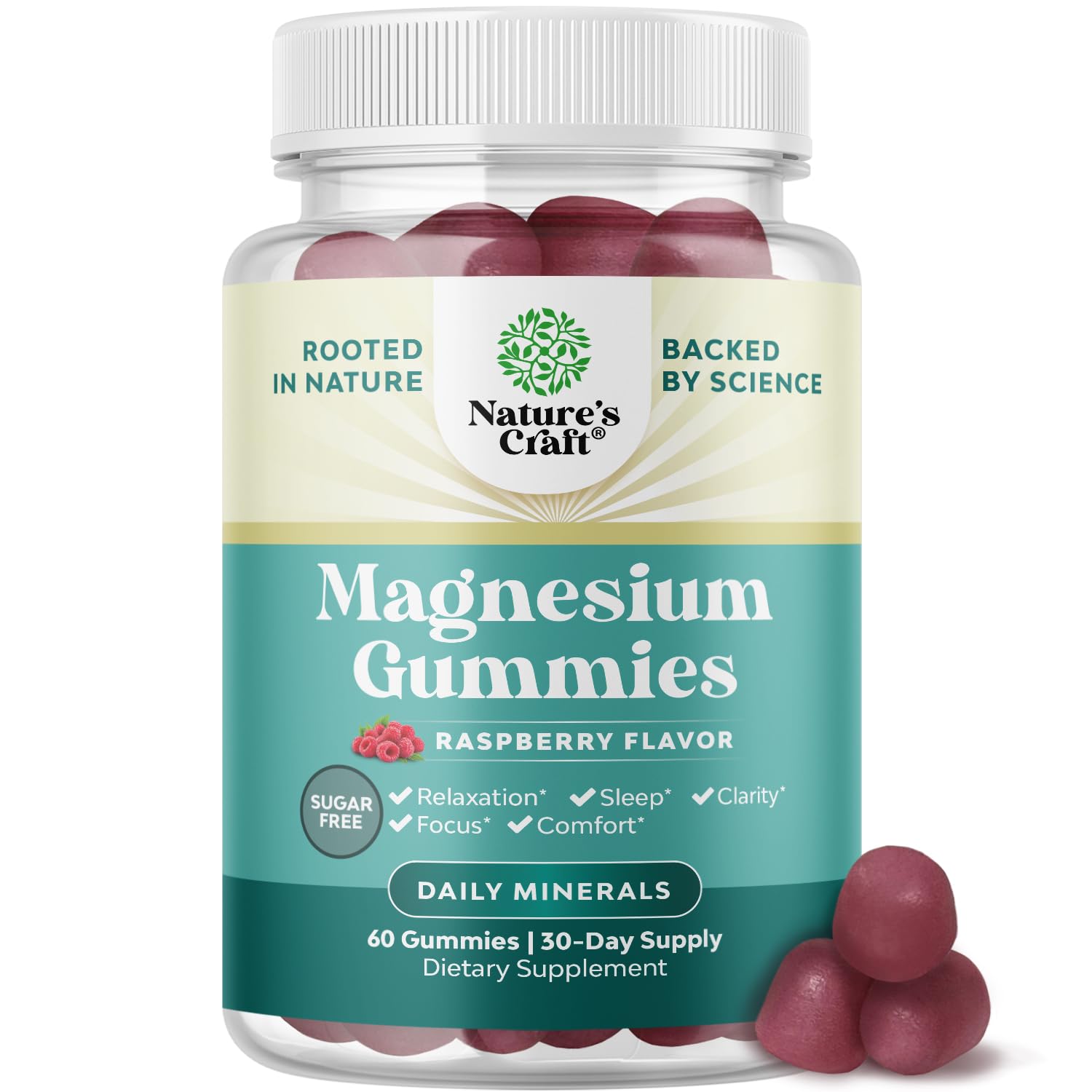 Natures Craft Sugar-Free Calm Magnesium Gummies bottle front, raspberry flavor for relaxing evenings