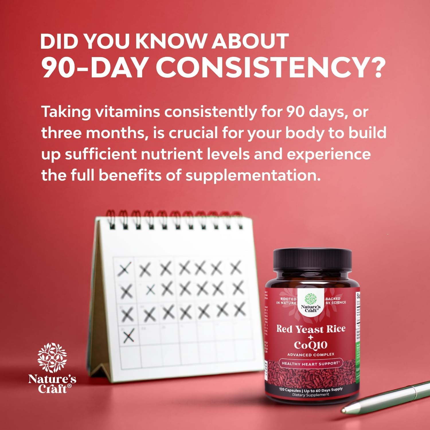 Nature's Craft bottle in cabinet promoting consistent supplement routine