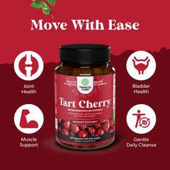 Nature's Craft tart cherry capsules on gym bag for post-workout support.