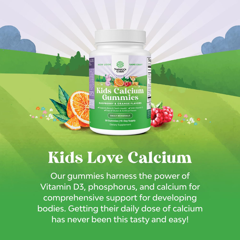 Natures Craft Tasty Kids Calcium Gummies bottle label with gelatin-free and Kosher marks