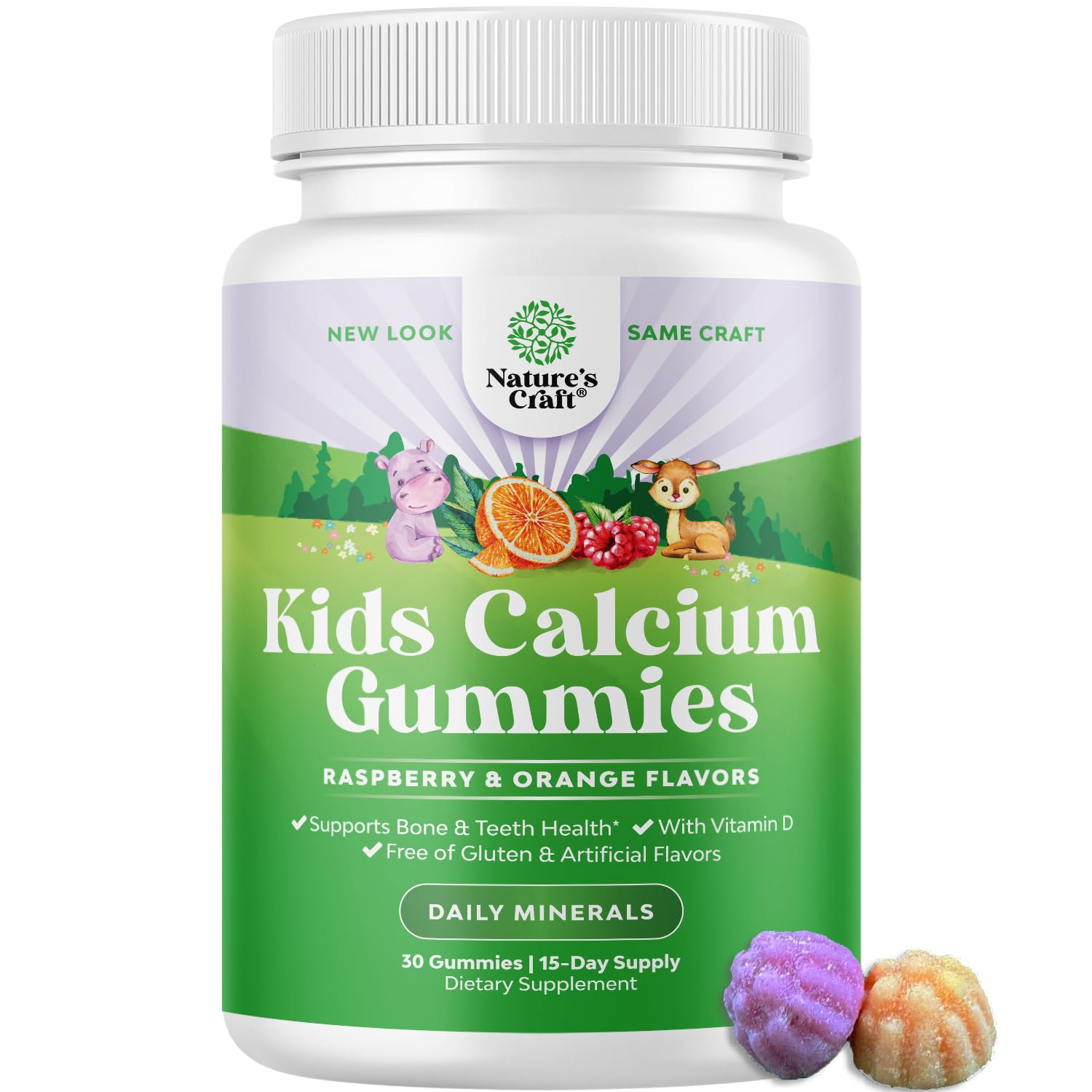 Natures Craft Tasty Kids Calcium Gummies bottle shows easy daily calcium with D3